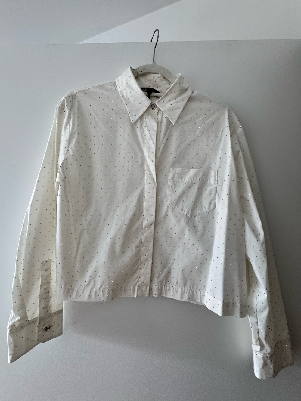 Maje white button-down shirt with crystal appliqués